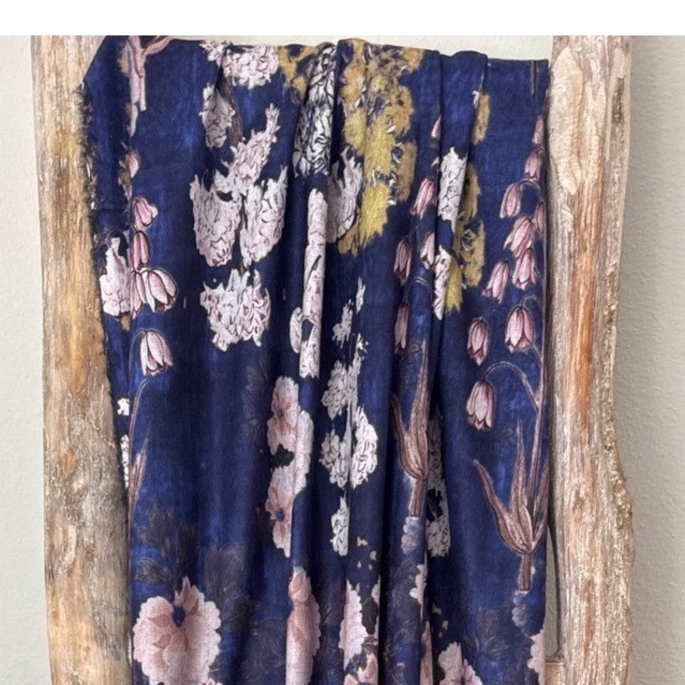 Women's navy blue floral scarf with fringed edges vintage-inspired designs 70x32